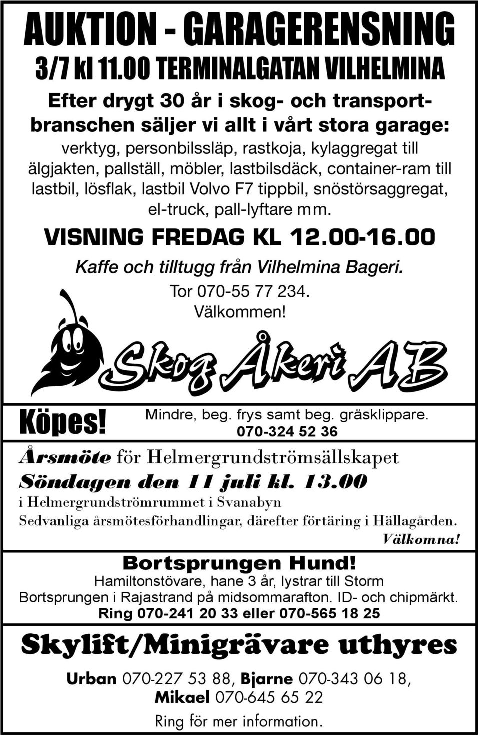 lastbilsdäck, container-ram till lastbil, lösflak, lastbil Volvo F7 tippbil, snöstörsaggregat, el-truck, pall-lyftare mm. VISNING FREDAG KL 12.00-16.00 Kaffe och tilltugg från Vilhelmina Bageri.