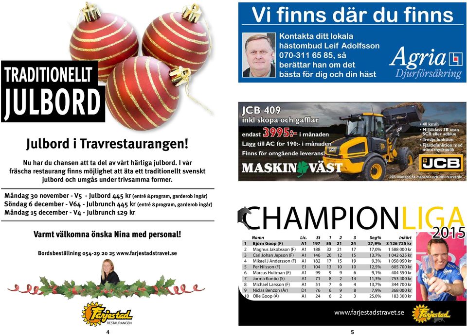 Måndag 0 november - V - Julbord kr (entré &program, garderob ingår) Söndag december - V - Julbrunch kr (entré &program, garderob ingår) Måndag december - V - Julbrunch 9 kr Varmt välkomna önska Nina