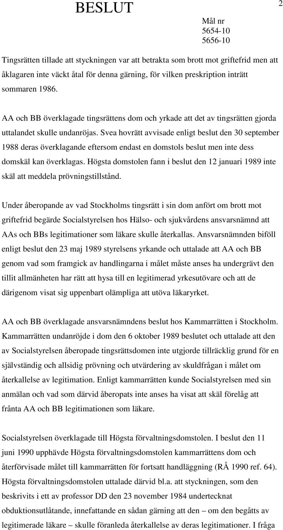Svea hovrätt avvisade enligt beslut den 30 september 1988 deras överklagande eftersom endast en domstols beslut men inte dess domskäl kan överklagas.