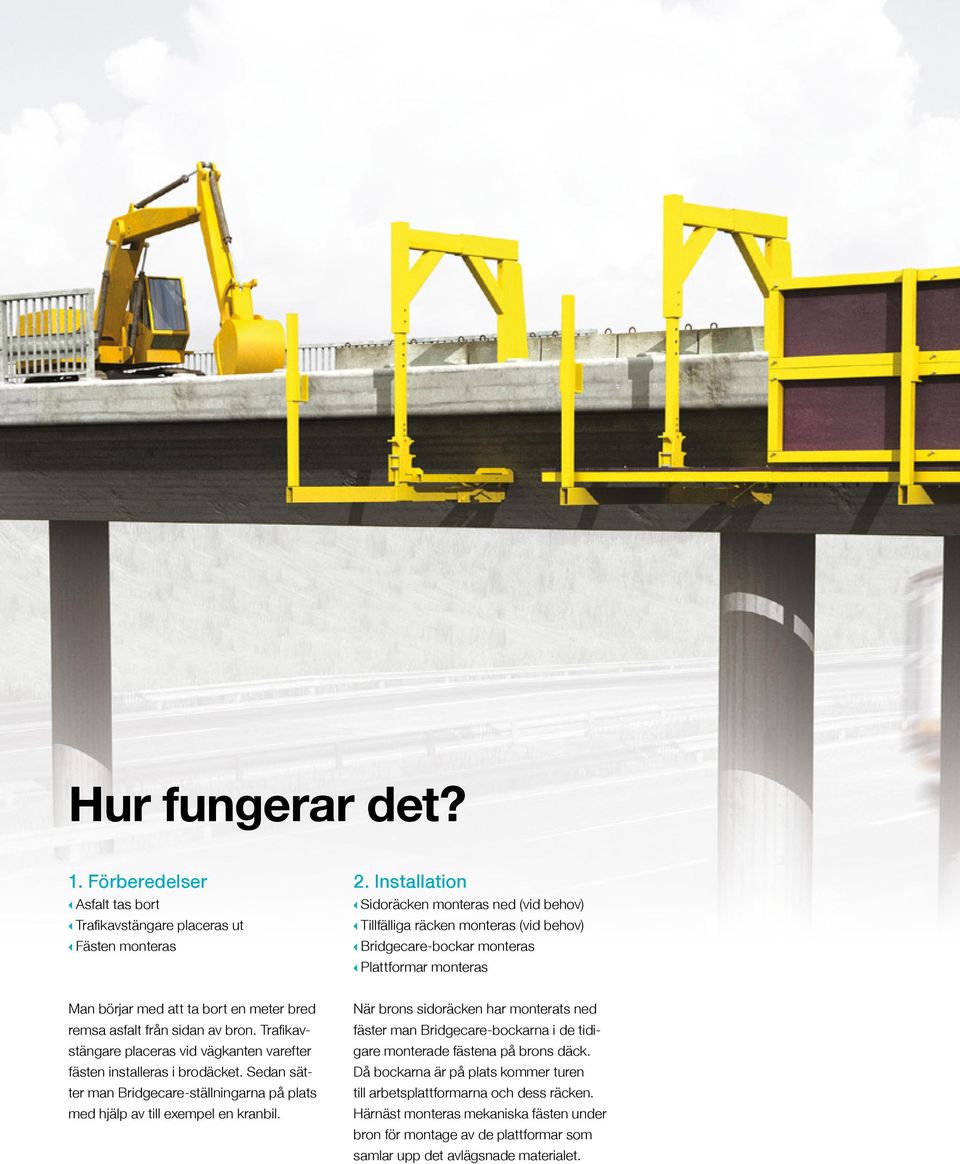 sidan av bron. Trafikavstängare placeras vid vägkanten varefter fästen installeras i brodäcket. Sedan sätter man Bridgecare-ställningarna på plats med hjälp av till exempel en kranbil.