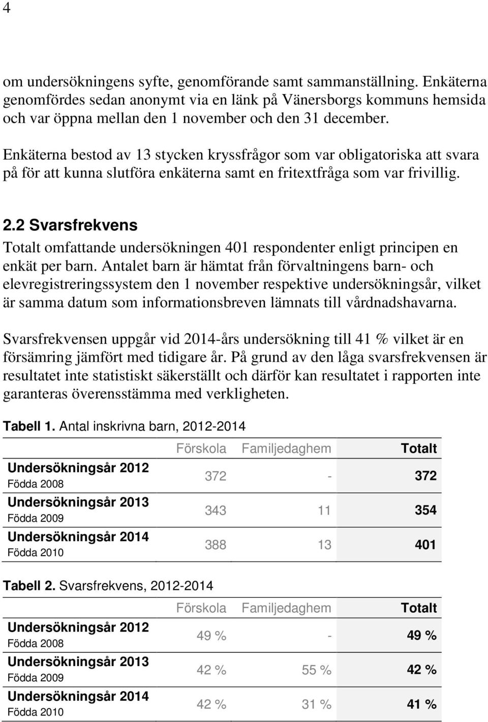 2 Svarsfrekvens Totalt omfattande undersökningen 401 respondenter enligt principen en enkät per barn.