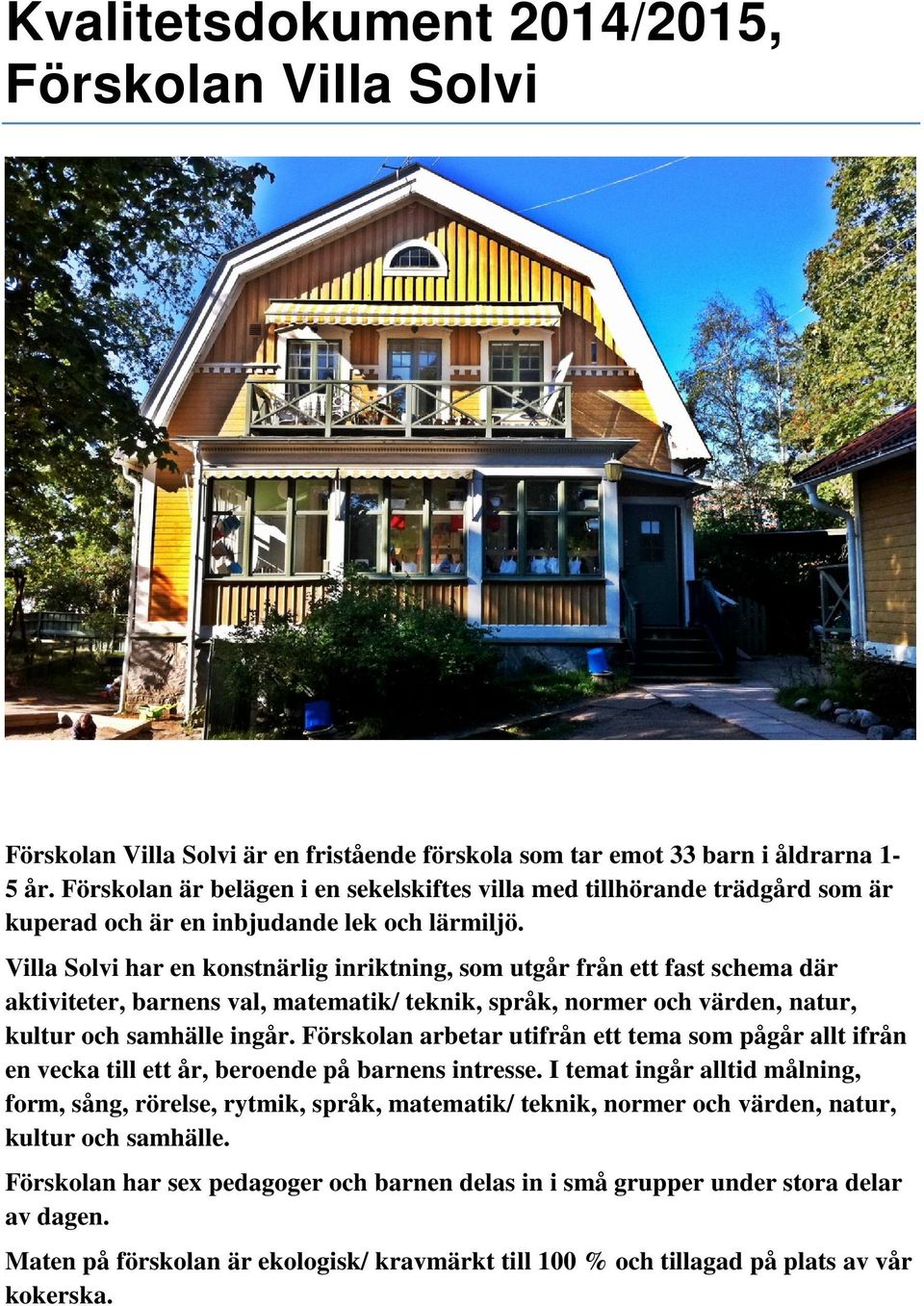 Villa Solvi har en konstnärlig inriktning, som utgår från ett fast schema där aktiviteter, barnens val, matematik/ teknik, språk, normer och värden, natur, kultur och samhälle ingår.