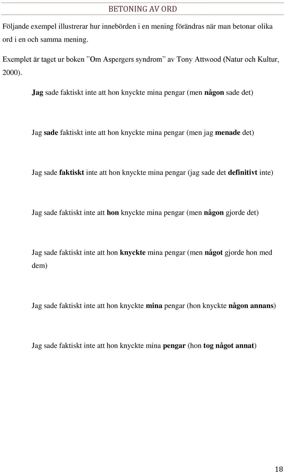 Jag sade faktiskt inte att hon knyckte mina pengar (men någon sade det) Jag sade faktiskt inte att hon knyckte mina pengar (men jag menade det) Jag sade faktiskt inte att hon knyckte mina