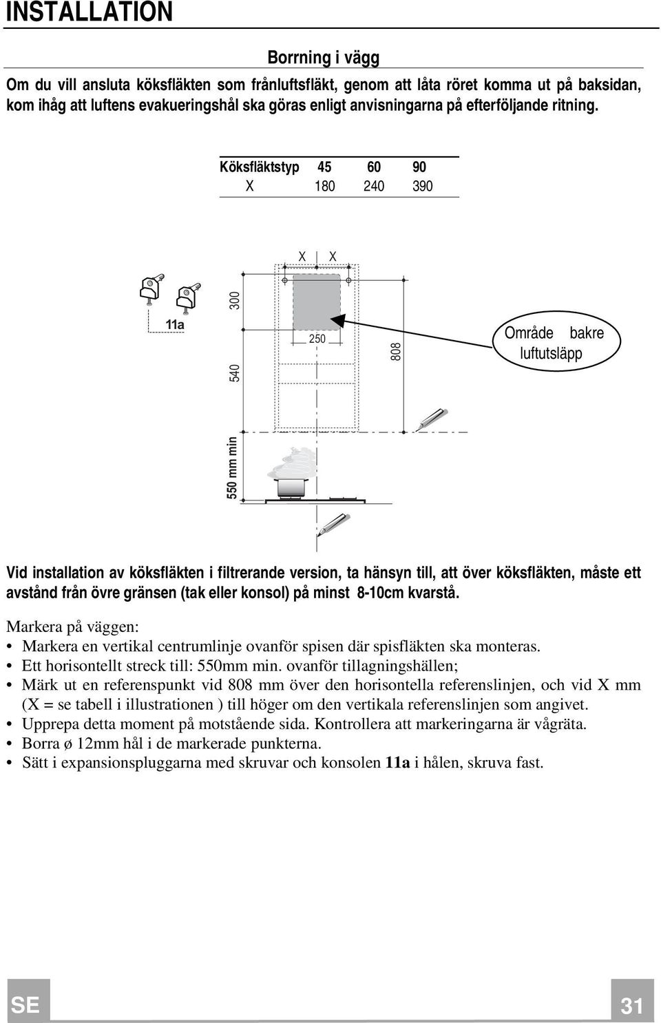 Köksfläktstyp 45 60 90 X 180 240 390 X X 11a 540 300 250 550 mm min 808 Område bakre luftutsläpp Vid installation av köksfläkten i filtrerande version, ta hänsyn till, att över köksfläkten, måste ett