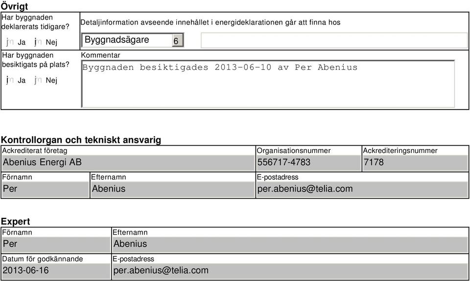 2013-06-10 av Per Abenius Kontrollorgan och tekniskt ansvarig Ackrediterat företag Abenius Energi AB Förnamn Per Efternamn Abenius