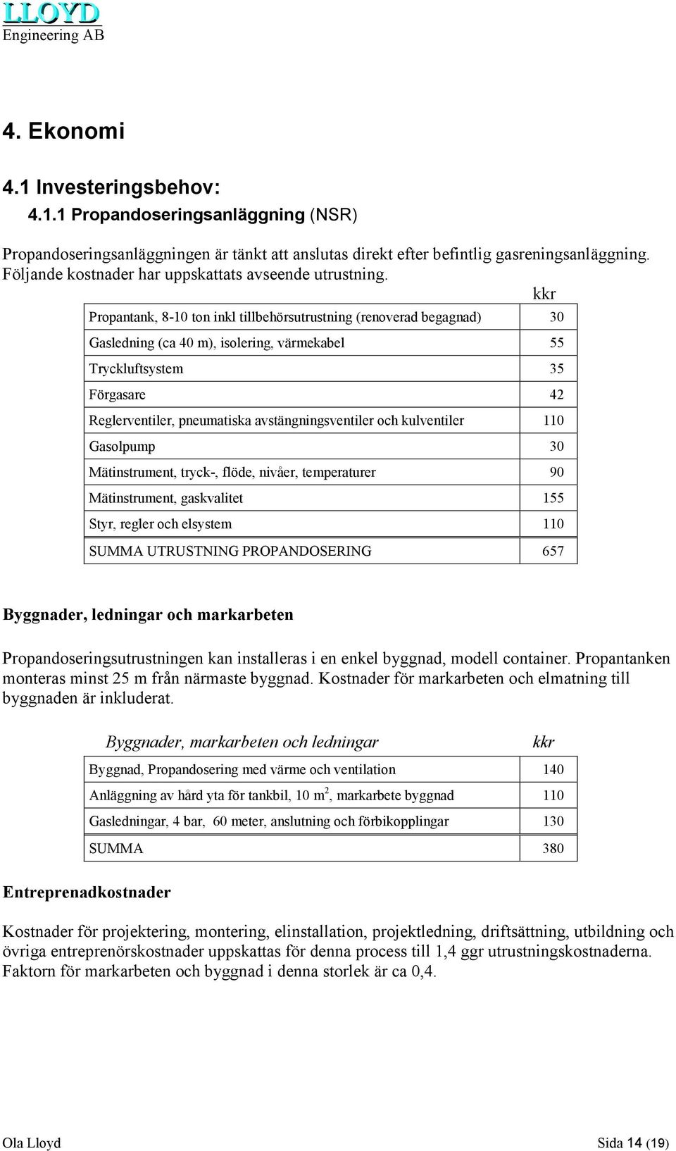 kkr Propantank, 8-10 ton inkl tillbehörsutrustning (renoverad begagnad) 30 Gasledning (ca 40 m), isolering, värmekabel 55 Tryckluftsystem 35 Förgasare 42 Reglerventiler, pneumatiska