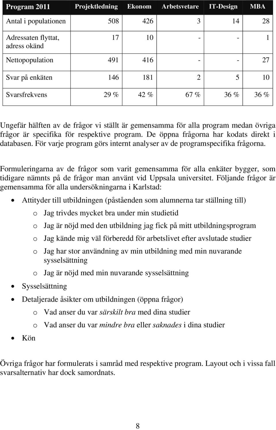 De öppna frågorna har kodats direkt i databasen. För varje program görs internt analyser av de programspecifika frågorna.