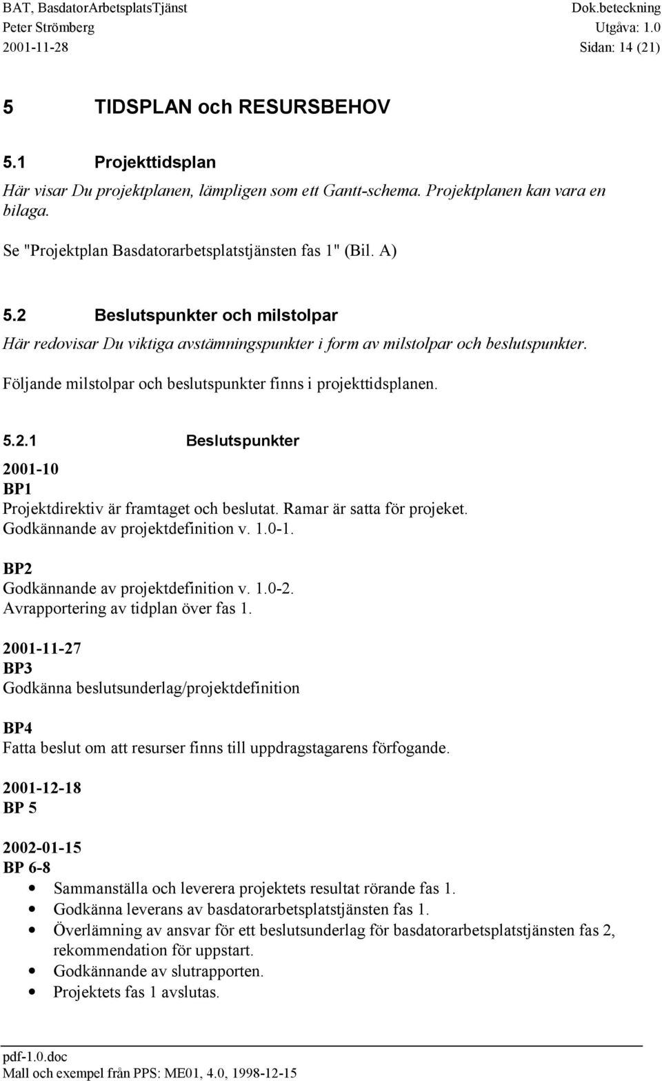 Följande milstolpar och beslutspunkter finns i projekttidsplanen. 5.2.1 Beslutspunkter 2001-10 BP1 Projektdirektiv är framtaget och beslutat. Ramar är satta för projeket.