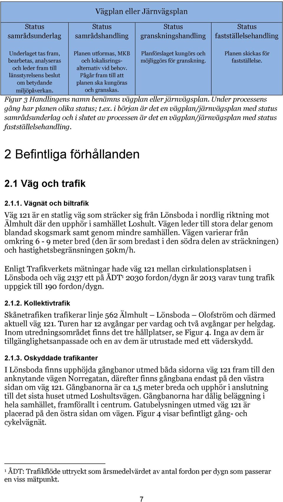 Planförslaget kungörs och möjliggörs för granskning. Planen skickas för fastställelse. Figur 3 Handlingens namn benämns vägplan eller järnvägsplan. Under processens gång har planen olika status; t.ex.