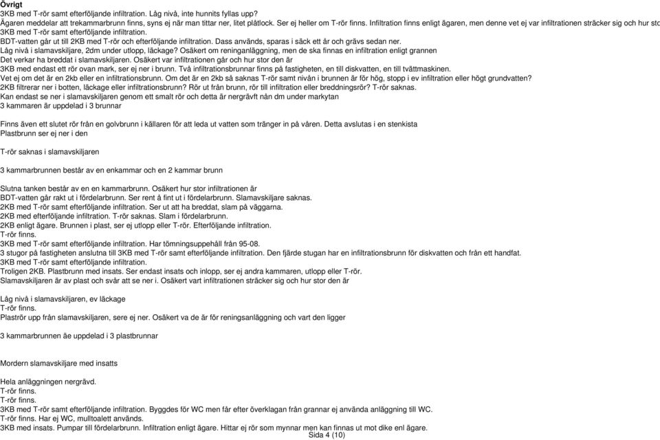 BDT-vatten går ut till 2KB med T-rör och efterföljande infiltration. Dass används, sparas i säck ett år och grävs sedan ner. Låg nivå i slamavskiljare, 2dm under utlopp, läckage?