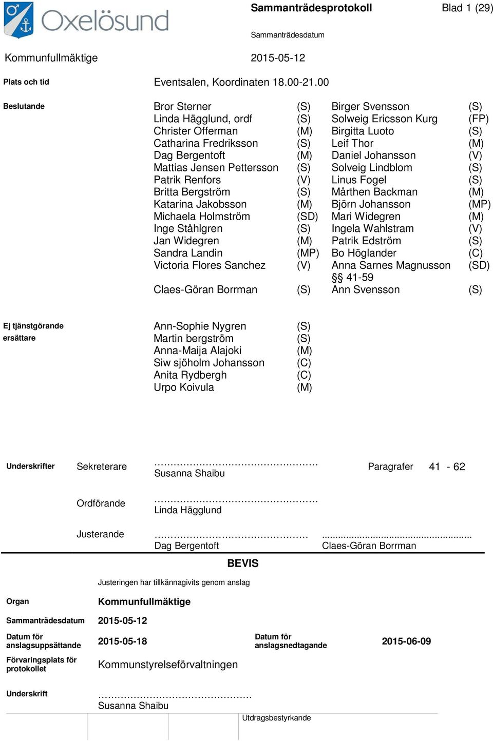 (M) Daniel Johansson (V) Mattias Jensen Pettersson (S) Solveig Lindblom (S) Patrik Renfors (V) Linus Fogel (S) Britta Bergström (S) Mårthen Backman (M) Katarina Jakobsson (M) Björn Johansson (MP)