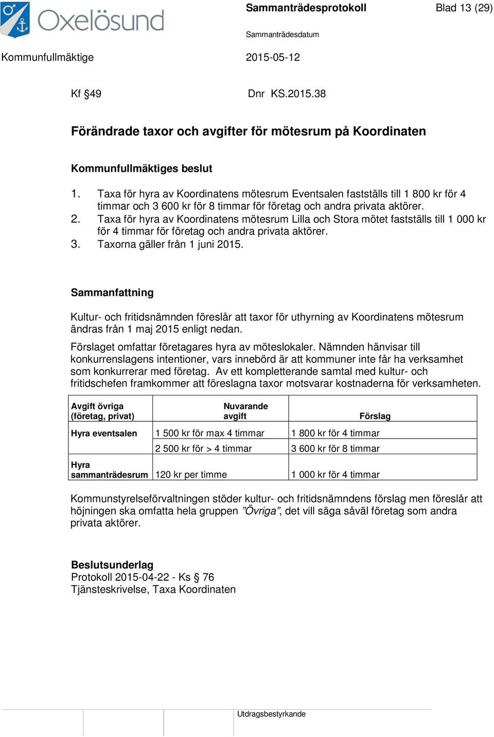 Taxa för hyra av Koordinatens mötesrum Lilla och Stora mötet fastställs till 1 000 kr för 4 timmar för företag och andra privata aktörer. 3. Taxorna gäller från 1 juni 2015.