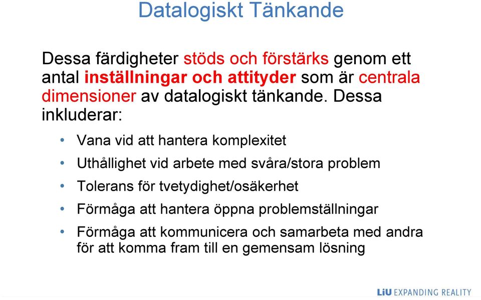 Dessa inkluderar: Vana vid att hantera komplexitet Uthållighet vid arbete med svåra/stora problem Tolerans