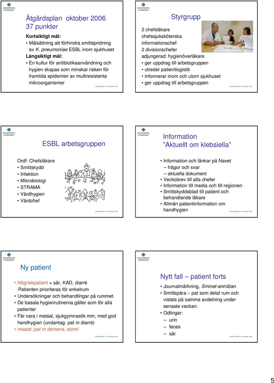 chefsläkare chefssjuksköterska informationschef 2 divisionschefer adjungerad: hygienöverläkare ger uppdrag till arbetsgruppen utreder patientlogistik informerar inom och utom sjukhuset ger uppdrag