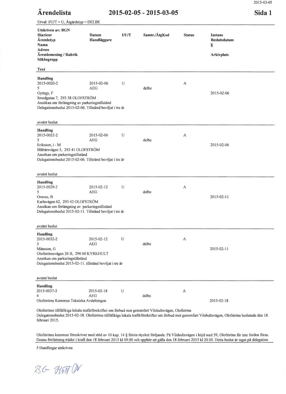 OLOFSlRÖM Ansökan om förlängning av parkeringstillstånd Delegationsbeslut 2015-02-06.