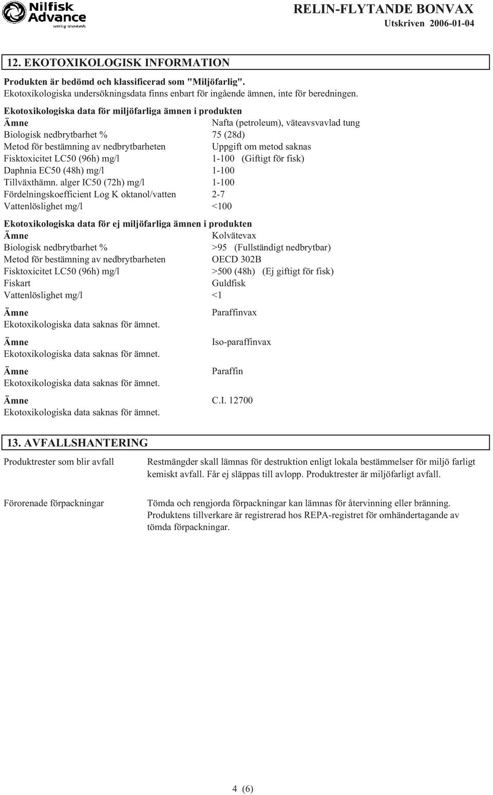 Fisktoxicitet LC50 (96h) mg/l 1-100 (Giftigt för fisk) Daphnia EC50 (48h) mg/l 1-100 Tillväxthämn.