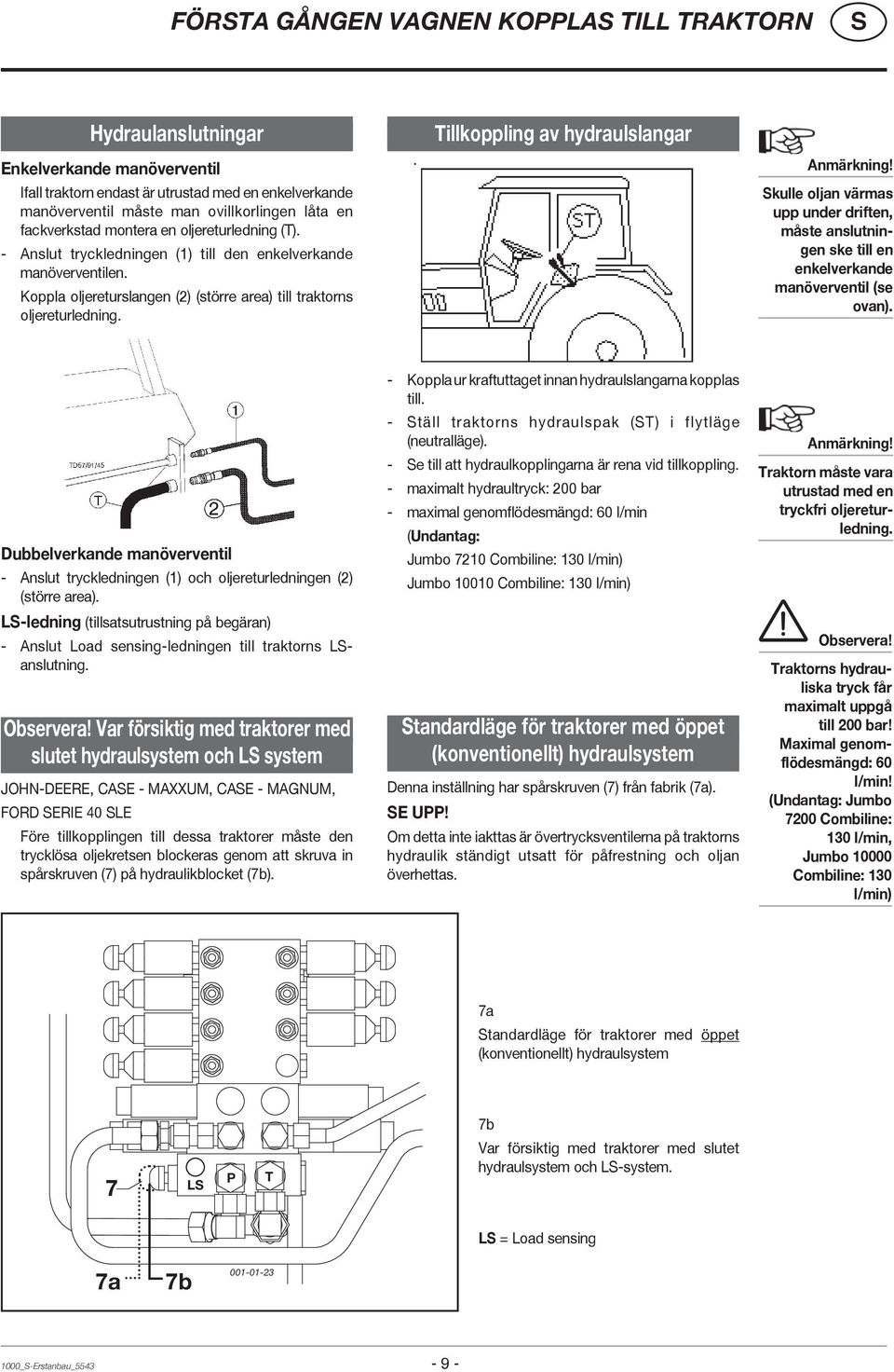 Tillkoppling av hydraulslangar Anmärkning! kulle oljan värmas upp under driften, måste anslutningen ske till en enkelverkande manöverventil (se ovan).