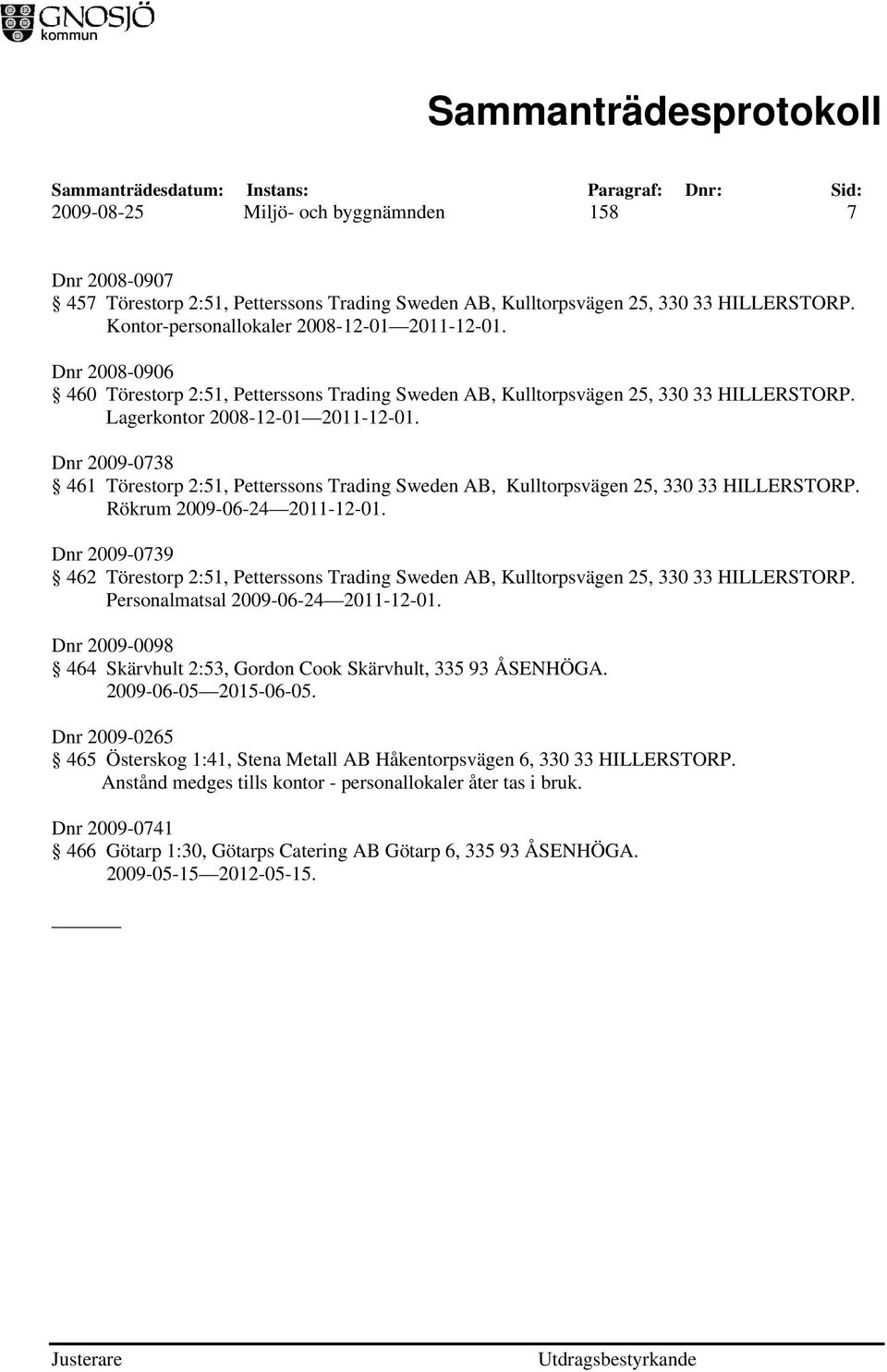 Dnr 2009-0738 461 Törestorp 2:51, Petterssons Trading Sweden AB, Kulltorpsvägen 25, 330 33 HILLERSTORP. Rökrum 2009-06-24 2011-12-01.