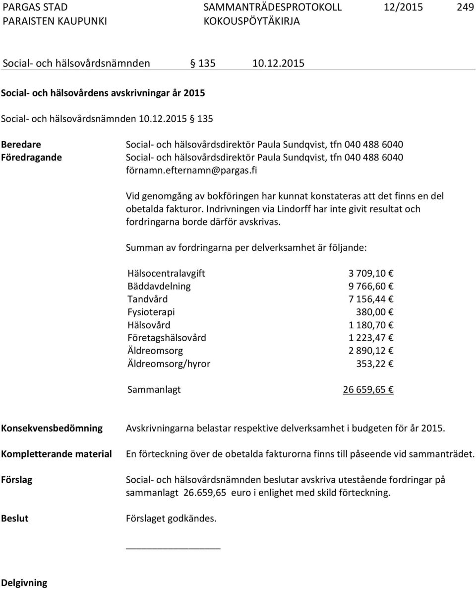 Indrivningen via Lindorff har inte givit re sul tat och fordringarna borde därför avskrivas.