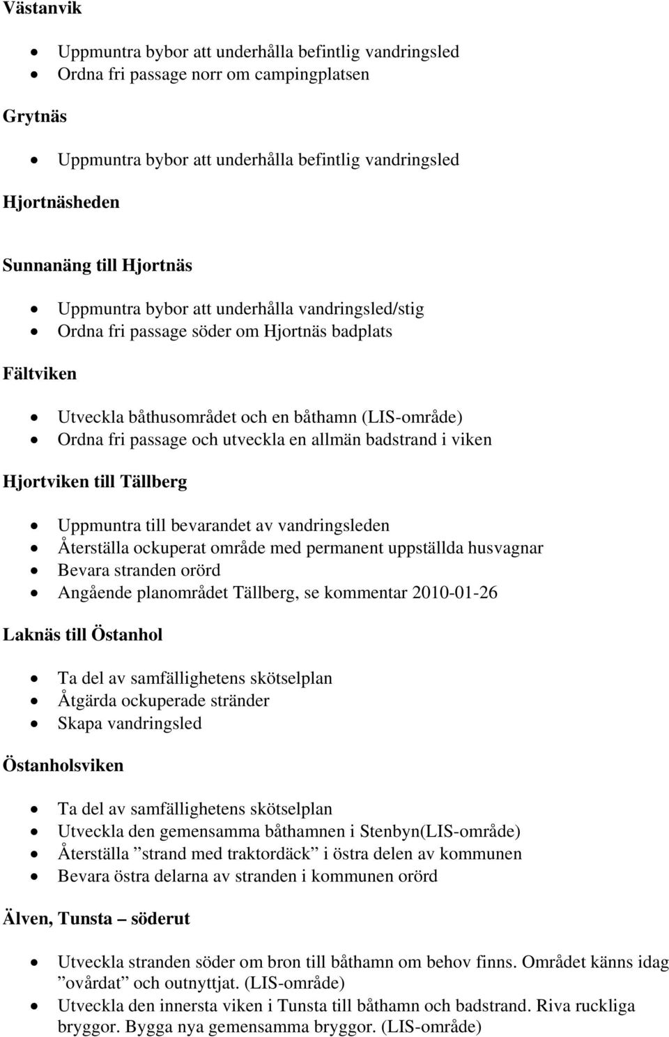 ockuperat område med permanent uppställda husvagnar Bevara stranden orörd Angående planområdet Tällberg, se kommentar 2010-01-26 Laknäs till Östanhol Ta del av samfällighetens skötselplan Åtgärda