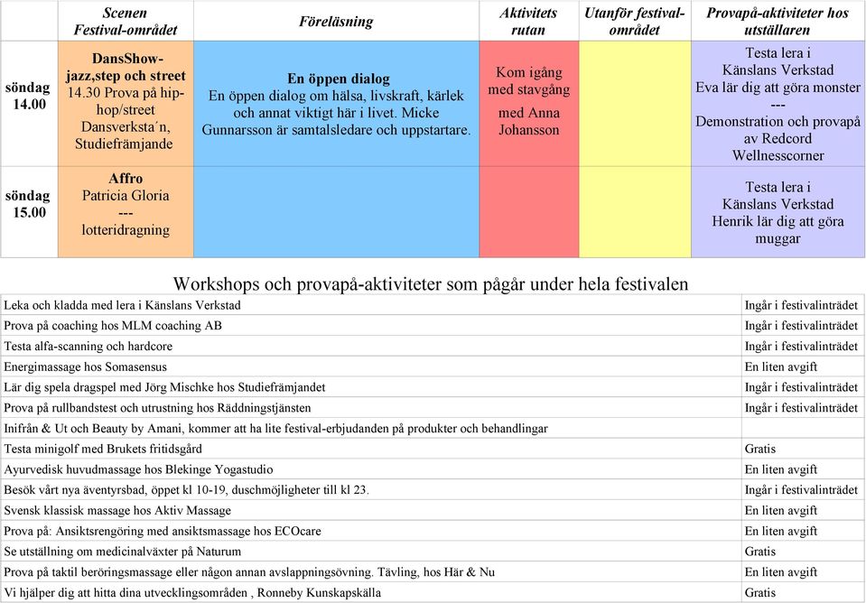 00 Affro Henrik lär dig att göra muggar Workshops och provapå-aktiviteter som pågår under hela festivalen Leka och kladda lera i Prova på coaching hos MLM coaching AB Testa alfa-scanning och hardcore