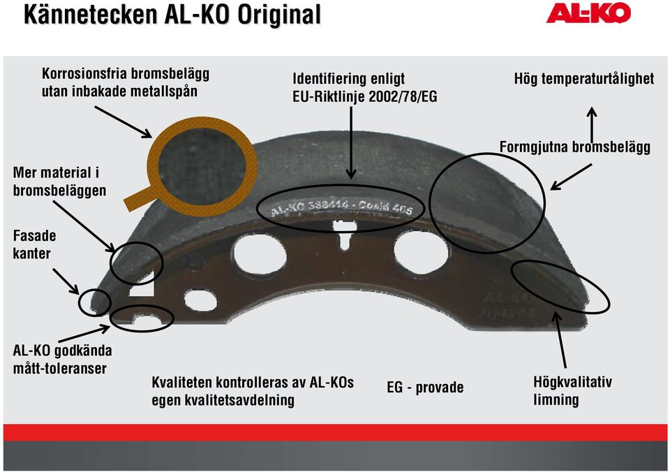 bromsbeläggen Formgjutna bromsbelägg Fasade kanter AL-KO godkända mått-toleranser