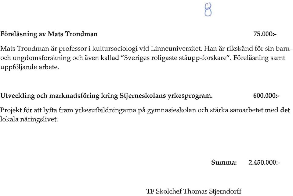 Föreläsning samt uppföljande arbete. Utveckling och marknadsföring kring Stjerneskolans yrkesprogram. 600.