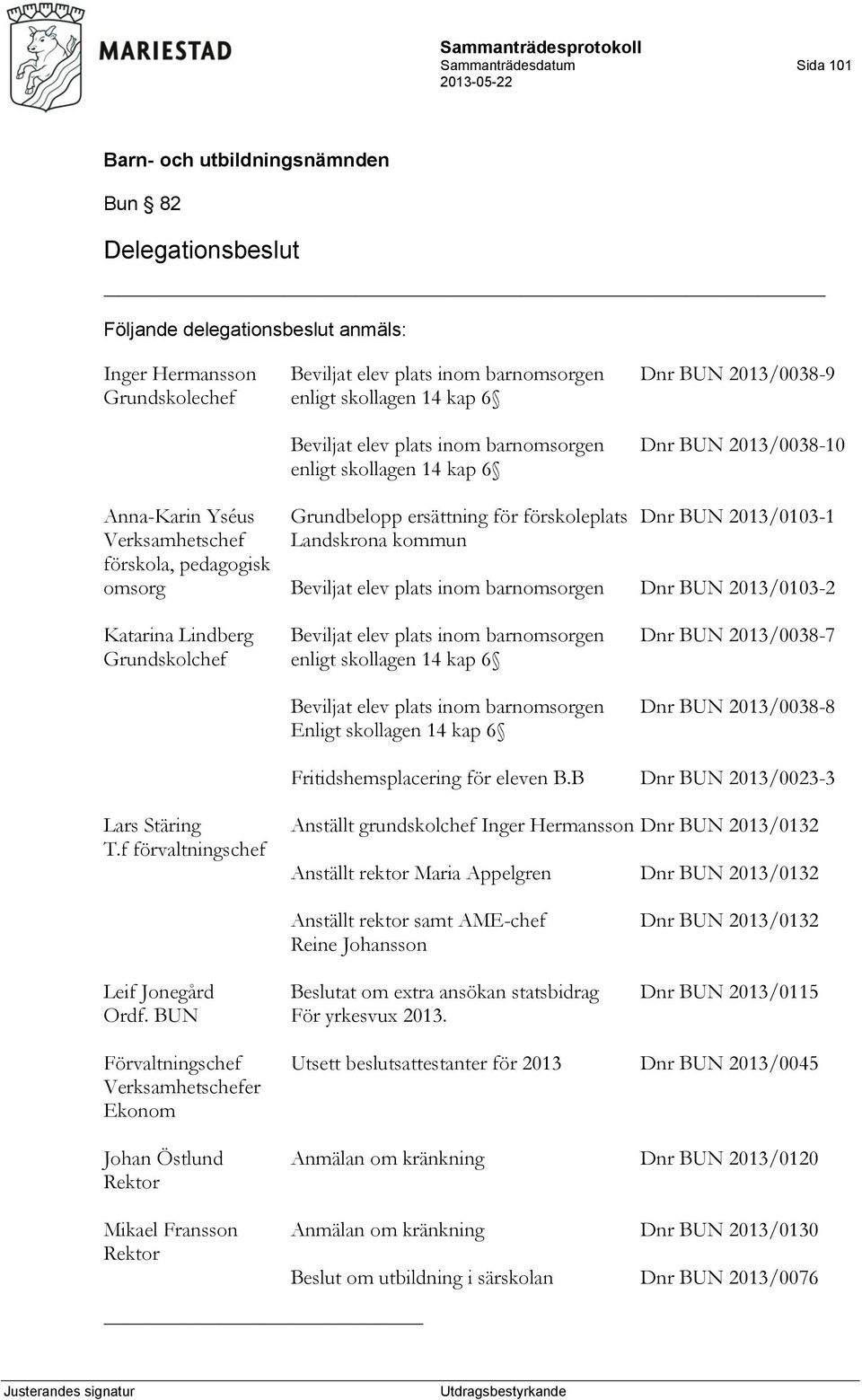 kommun förskola, pedagogisk omsorg Beviljat elev plats inom barnomsorgen Dnr BUN 2013/0103-2 Katarina Lindberg Beviljat elev plats inom barnomsorgen Dnr BUN 2013/0038-7 Grundskolchef enligt skollagen