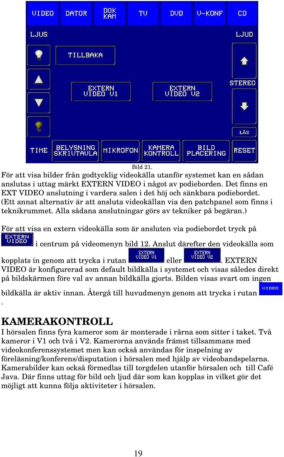 Alla sådana anslutningar görs av tekniker på begäran.) För att visa en extern videokälla som är ansluten via podiebordet tryck på i centrum på videomenyn bild 12.