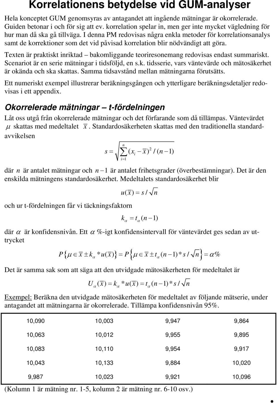 Texte är praktskt rktad bakomlggade teorresoemag redovsas edast summarskt. Scearot är e sere mätgar tdsföljd, e s.k. tdssere, vars vätevärde och mätosäkerhet är okäda och ska skattas.
