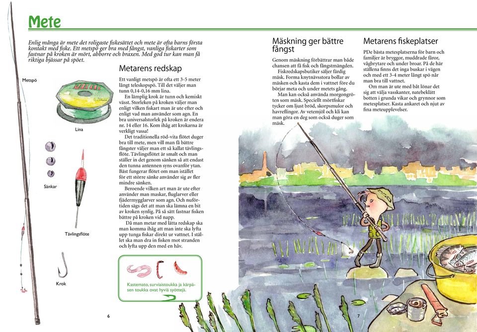 Till det väljer man tunn 0,14-0,16 mm lina. En lämplig krok är tunn och kemiskt vässt. Storleken på kroken väljer man enligt vilken fiskart man är ute efter och enligt vad man använder som agn.