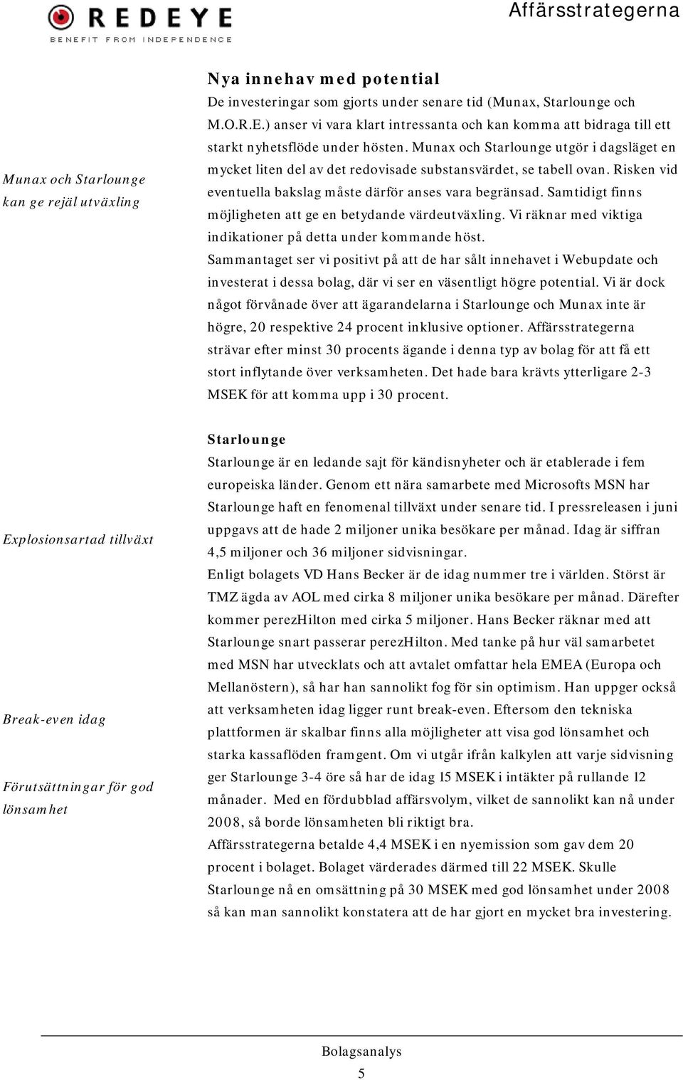 Munax och Starlounge utgör i dagsläget en mycket liten del av det redovisade substansvärdet, se tabell ovan. Risken vid eventuella bakslag måste därför anses vara begränsad.