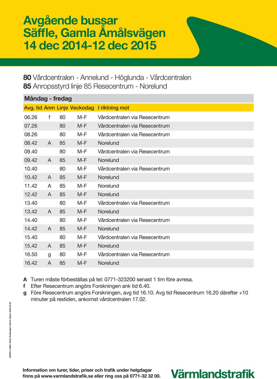 40 80 M-F Vårdcentralen via Resecentrum 13.42 A 85 M-F Norelund 14.40 80 M-F Vårdcentralen via Resecentrum 14.42 A 85 M-F Norelund 15.40 80 M-F Vårdcentralen via Resecentrum 15.