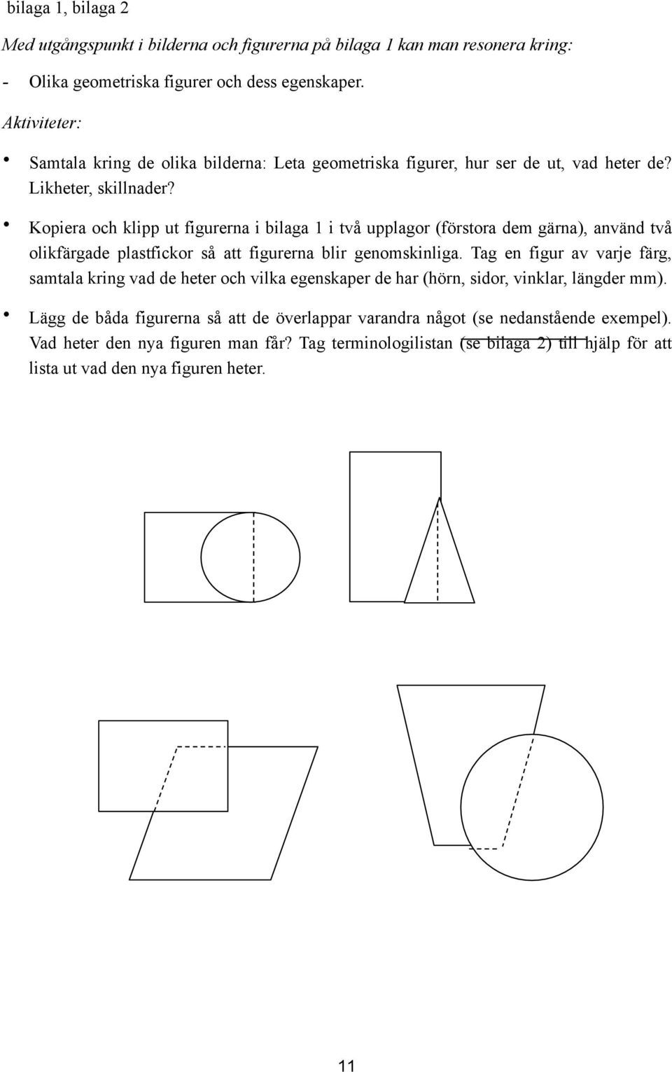Kopiera och klipp ut figurerna i bilaga 1 i två upplagor (förstora dem gärna), använd två olikfärgade plastfickor så att figurerna blir genomskinliga.