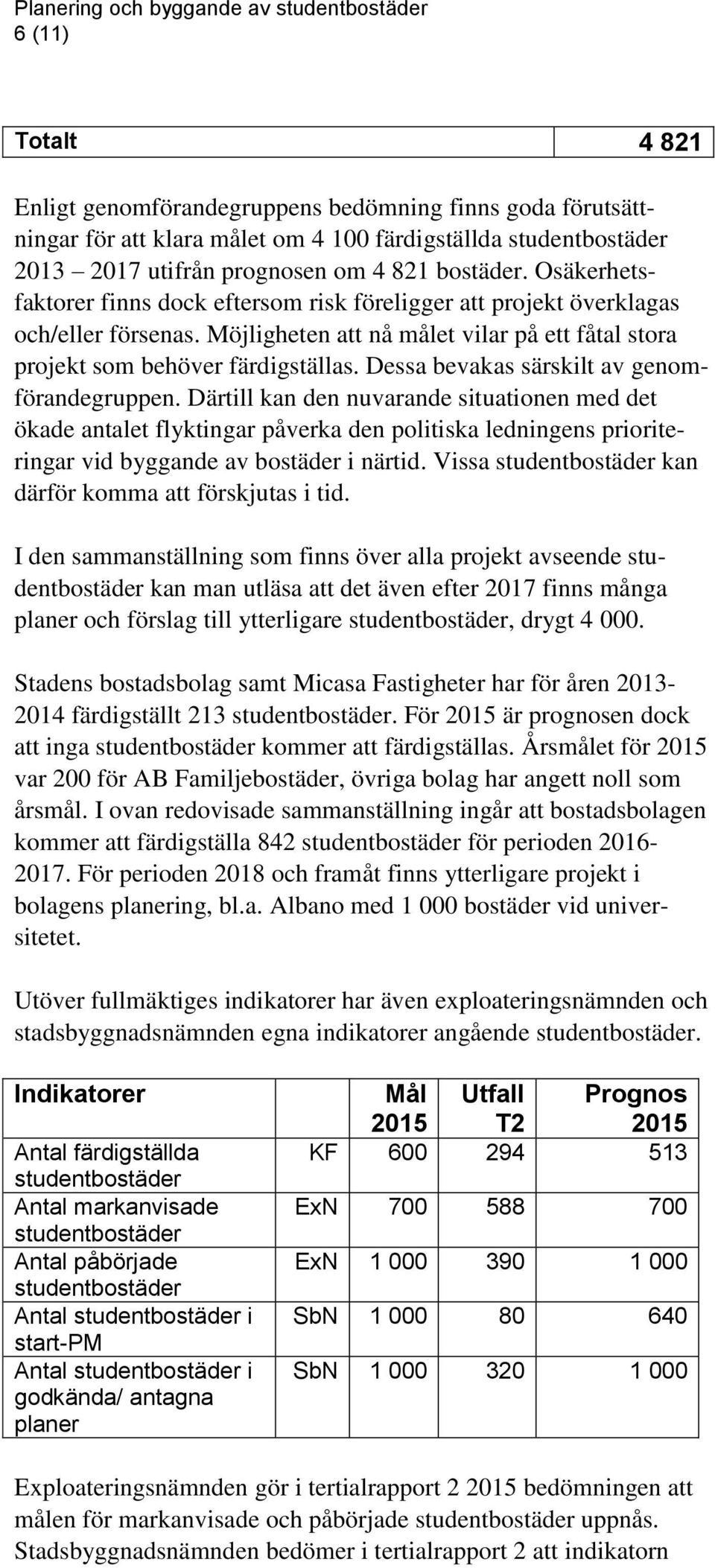 Dessa bevakas särskilt av genomförandegruppen. Därtill kan den nuvarande situationen med det ökade antalet flyktingar påverka den politiska ledningens prioriteringar vid byggande av bostäder i närtid.