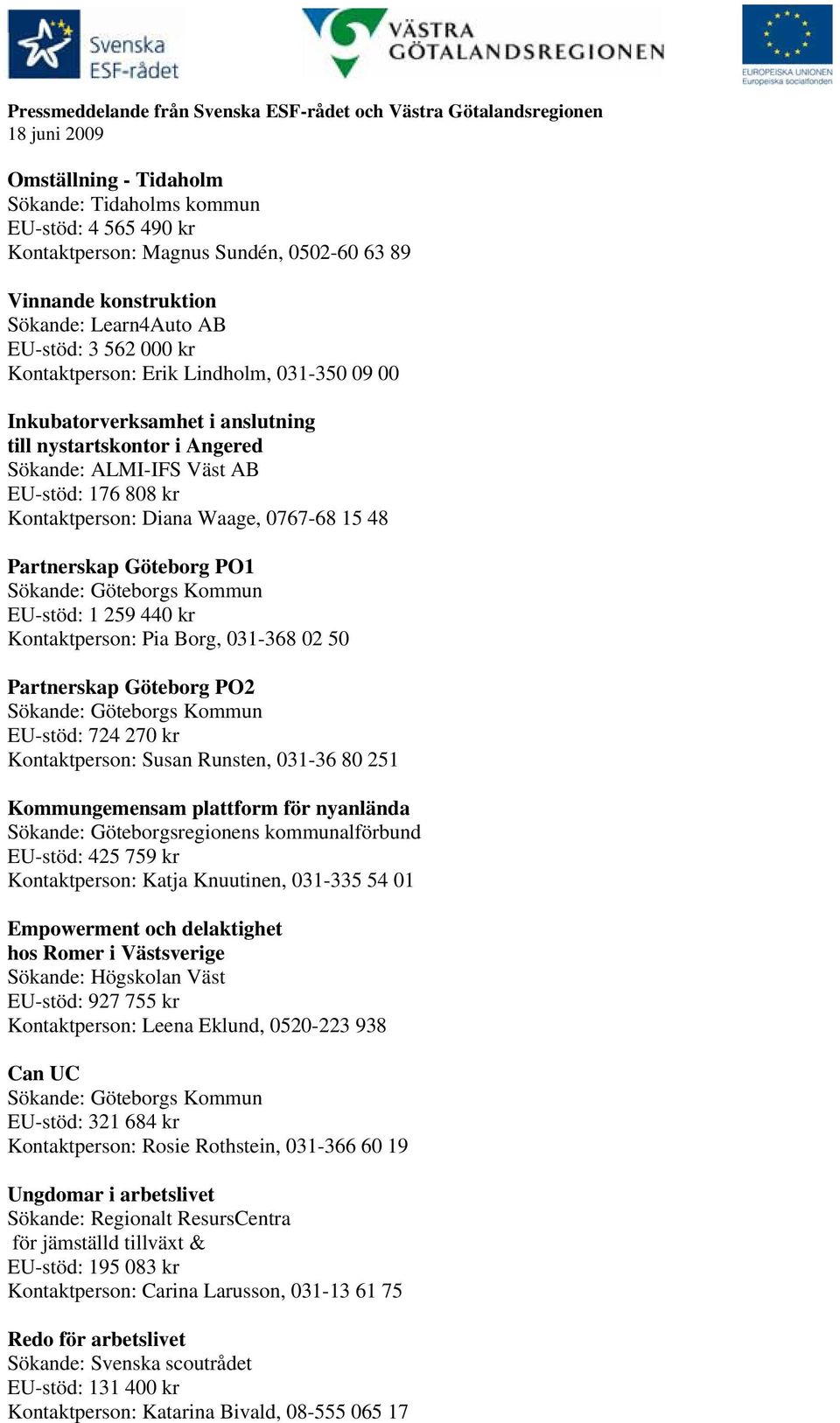 Göteborg PO1 EU-stöd: 1 259 440 kr Kontaktperson: Pia Borg, 031-368 02 50 Partnerskap Göteborg PO2 EU-stöd: 724 270 kr Kontaktperson: Susan Runsten, 031-36 80 251 Kommungemensam plattform för