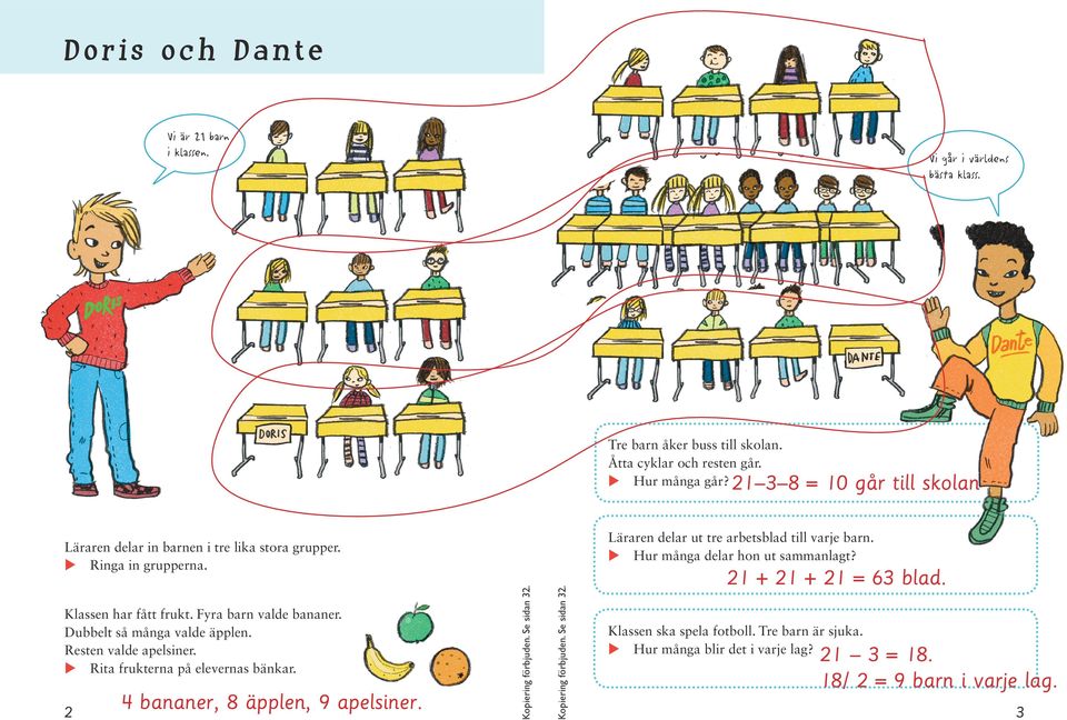 Klassen har fått frkt. Fyra barn valde bananer. Dbbelt så många valde äpplen. Resten valde apelsiner. Rita frkterna på elevernas bänkar.