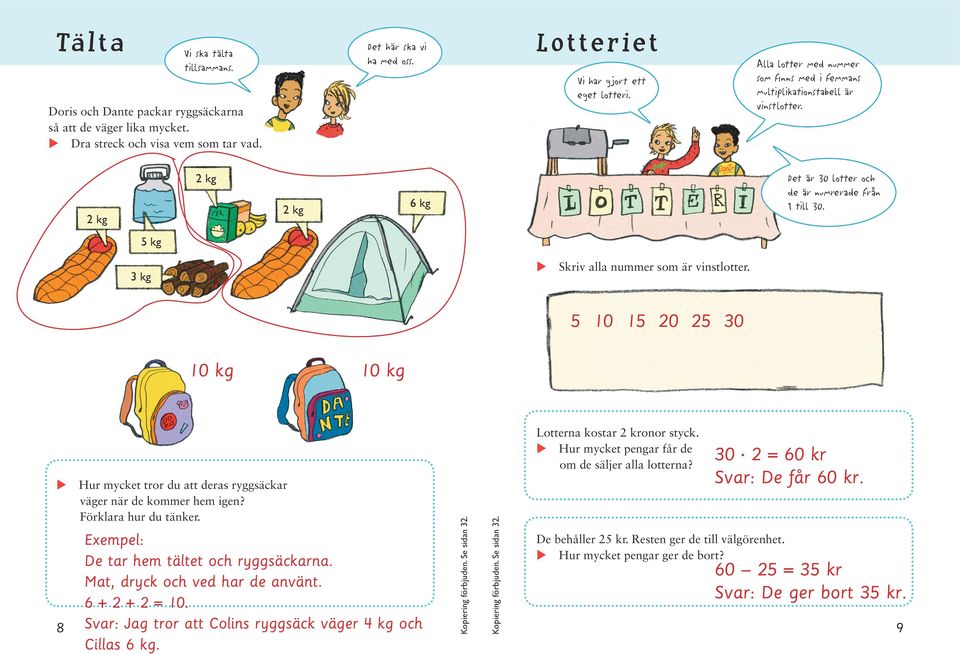 kg kg kg kg kg kg Skriv alla nmmer som är vinstlotter. 0 0 kg kg Lotterna kostar kronor styck. Hr mycket pengar får de om de säljer alla lotterna? Exempel: De tar hem tältet och ryggsäckarna.