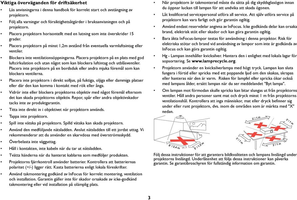 Placera projektorn på minst 1,2m avstånd från eventuella varmluftsintag eller ventiler. Blockera inte ventilationsöppningarna.