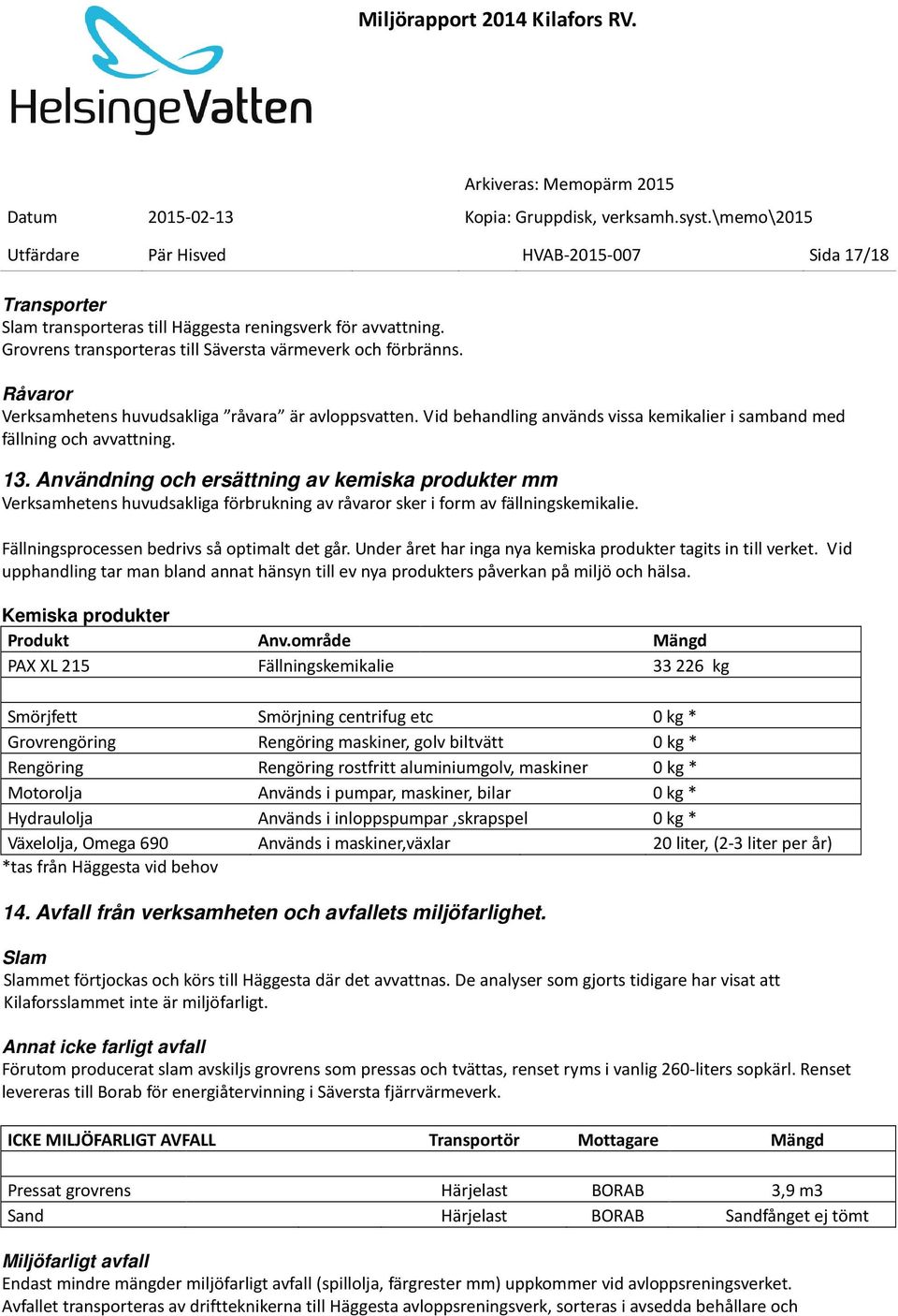 Användning och ersättning av kemiska produkter mm Verksamhetens huvudsakliga förbrukning av råvaror sker i form av fällningskemikalie. Fällningsprocessen bedrivs så optimalt det går.