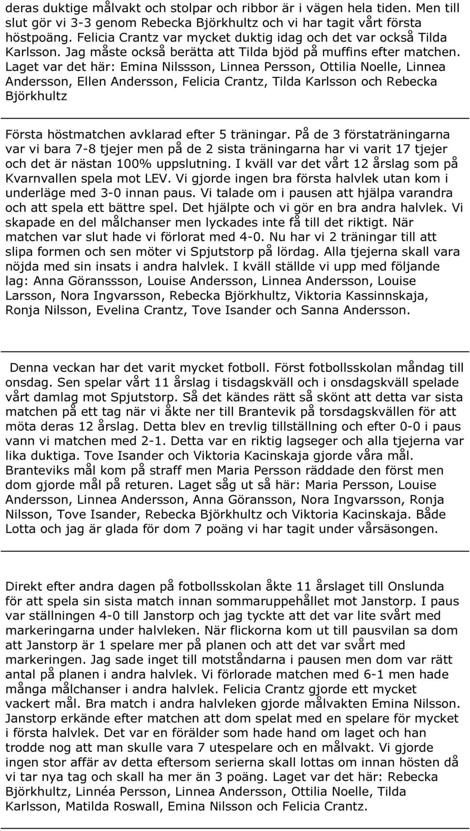 Laget var det här: Emina Nilssson, Linnea Persson, Ottilia Noelle, Linnea Andersson, Ellen Andersson, Felicia Crantz, Tilda Karlsson och Rebecka Björkhultz Första höstmatchen avklarad efter 5