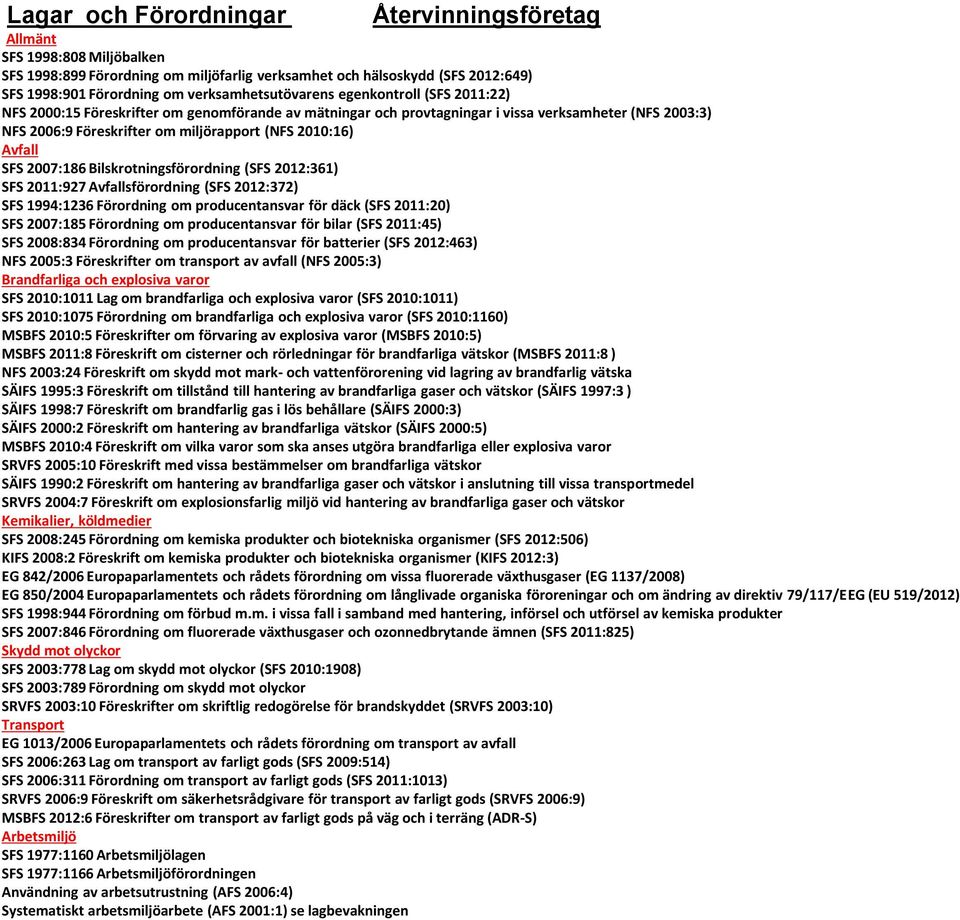 Avfallsförordning (SFS 2012:372) SFS 1994:1236 Förordning om producentansvar för däck (SFS 2011:20) SFS 2007:185 Förordning om producentansvar för bilar (SFS 2011:45) SFS 2008:834 Förordning om