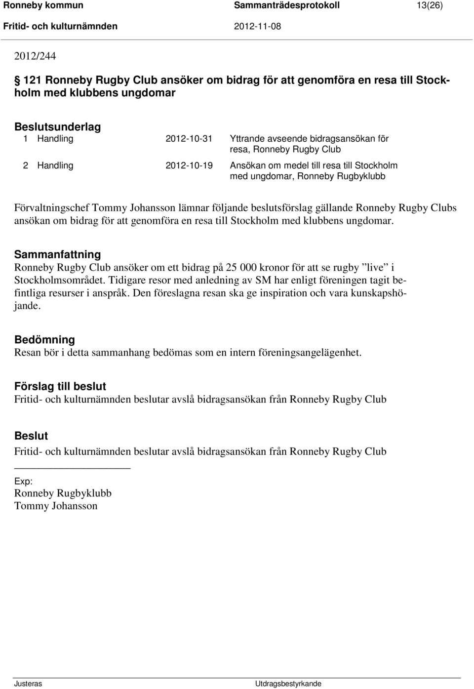 beslutsförslag gällande Ronneby Rugby Clubs ansökan om bidrag för att genomföra en resa till Stockholm med klubbens ungdomar.