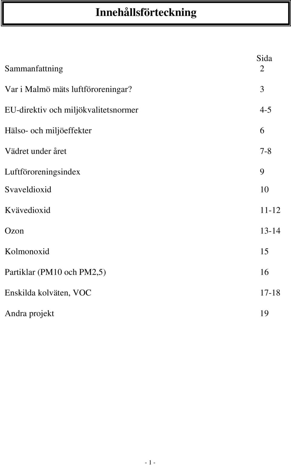 året 7-8 Luftföroreningsindex 9 Svaveldioxid 1 Kvävedioxid 11-12 Ozon 13-14