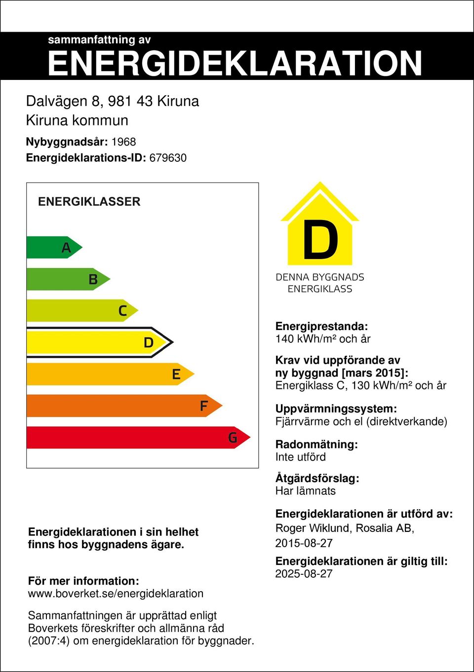 lämnats Energideklarationen i sin helhet finns hos byggnadens ägare. För mer information: www.boverket.