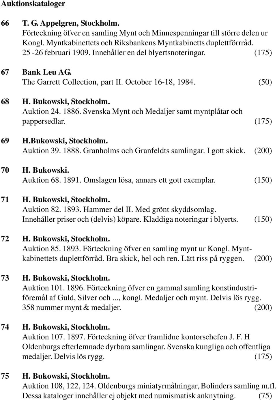 Svenska Mynt och Medaljer samt myntplåtar och pappersedlar. (175) 69 H.Bukowski, Stockholm. Auktion 39. 1888. Granholms och Granfeldts samlingar. I gott skick. (200) 70 H. Bukowski. Auktion 68. 1891.