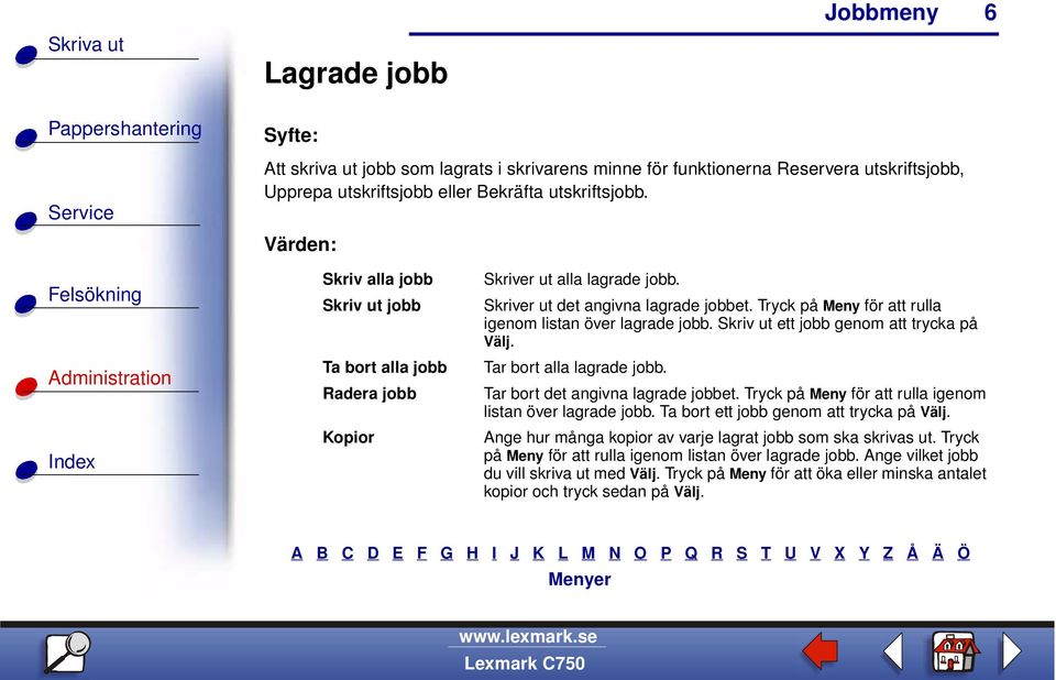 Tryck på Meny för att rulla igenom listan över lagrade jobb. Skriv ut ett jobb genom att trycka på Välj. Tar bort alla lagrade jobb. Tar bort det angivna lagrade jobbet.