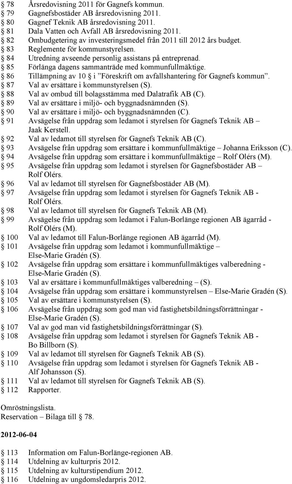 85 Förlänga dagens sammanträde med kommunfullmäktige. 86 Tillämpning av 10 i Föreskrift om avfallshantering för Gagnefs kommun. 87 Val av ersättare i kommunstyrelsen (S).