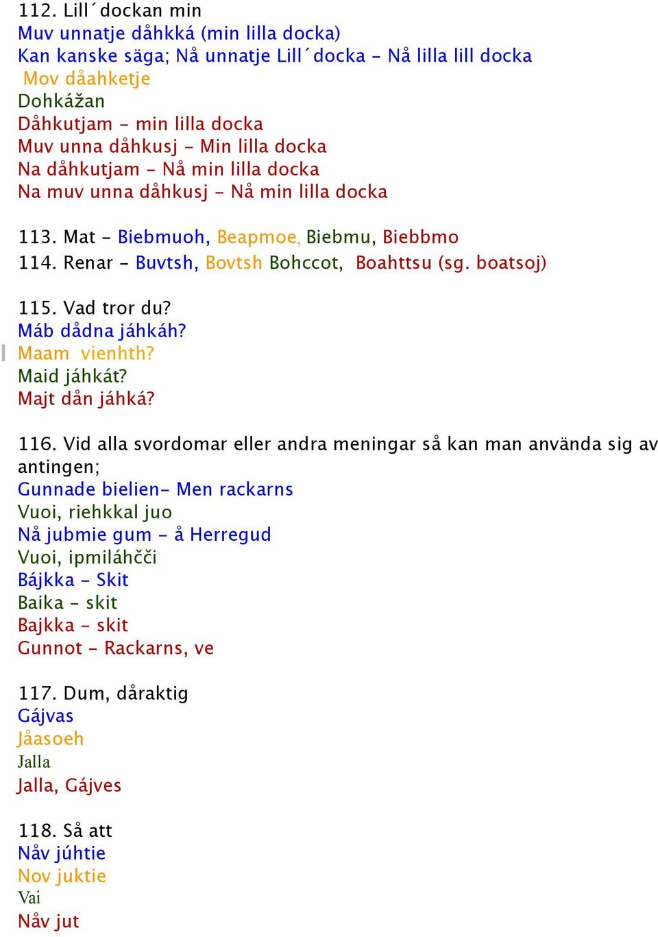 Vad tror du? Máb dådna jáhkáh? Maam vienhth? Maid jáhkát? Majt dån jáhká? 116.