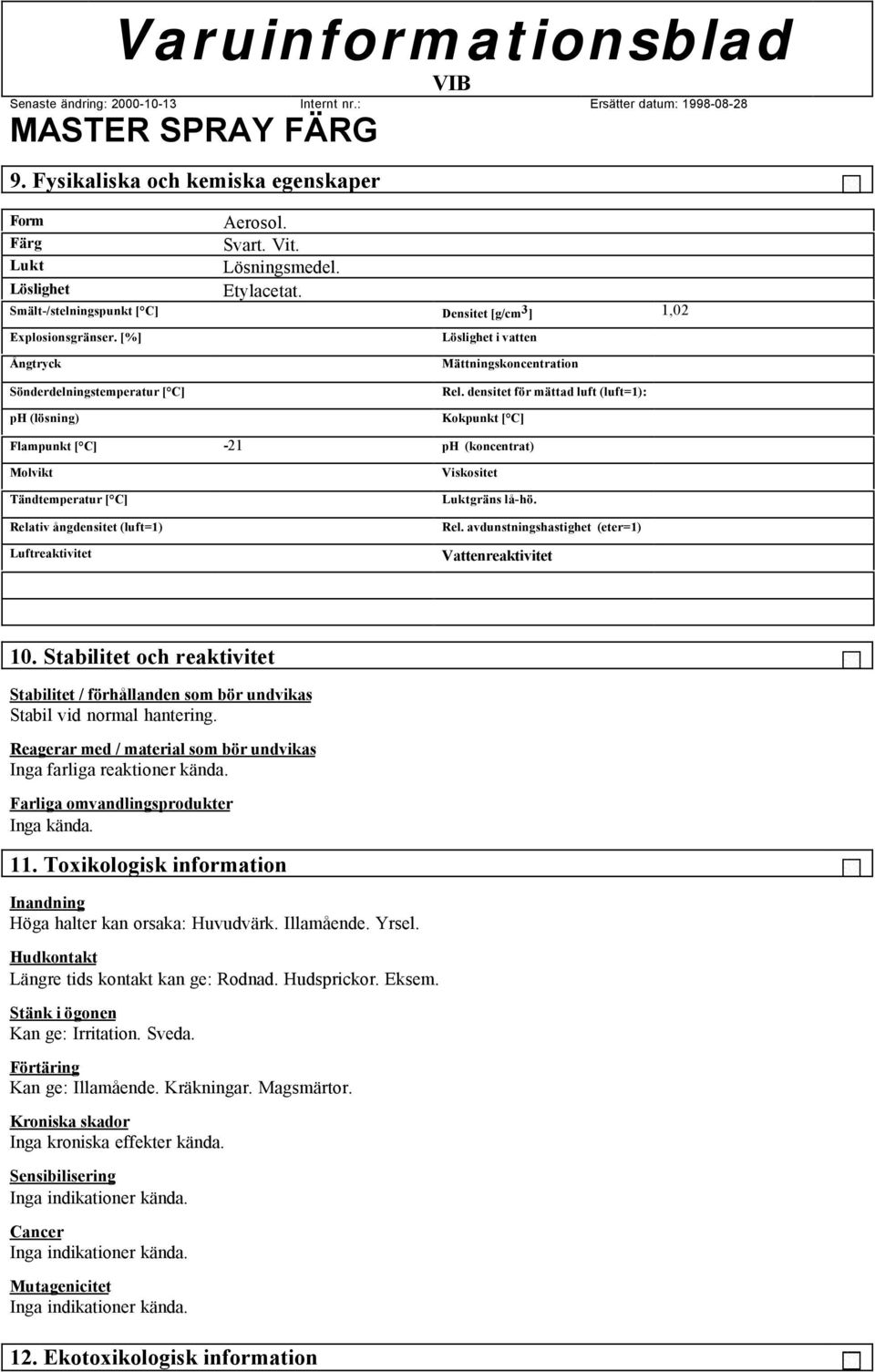 densitet för mättad luft (luft=1): Kokpunkt [ C] Flampunkt [ C] -21 ph (koncentrat) Molvikt Tändtemperatur [ C] Relativ ångdensitet (luft=1) Luftreaktivitet Viskositet Luktgräns lå-hö. Rel. avdunstningshastighet (eter=1) Vattenreaktivitet 10.